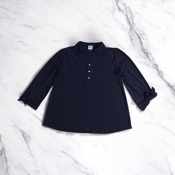 Women's Large Blouse Top, Collared V Neck 3 Button Front, 3/4 Sleeve, Anne Klein - Picture 1 of 8